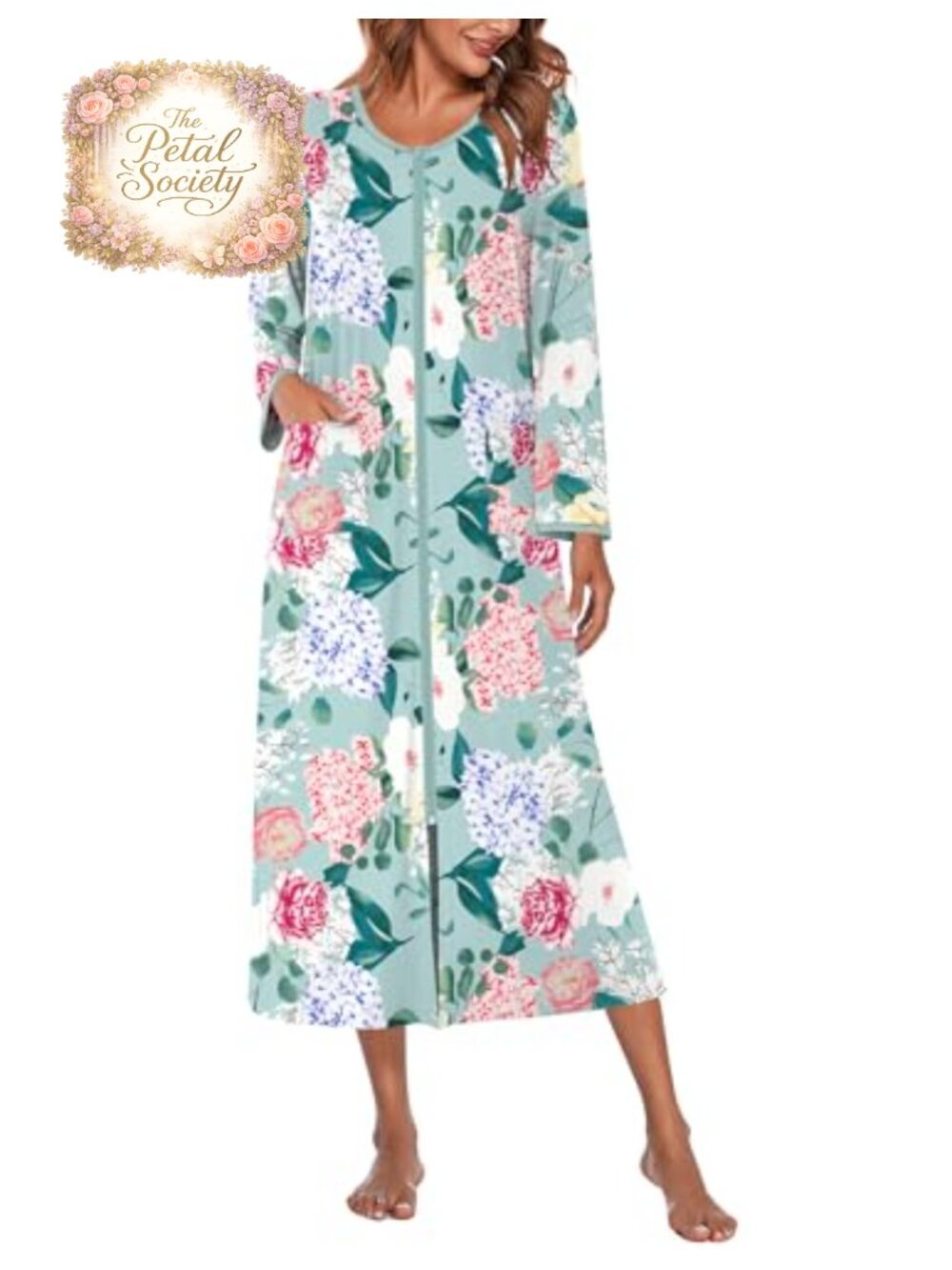 Women Zipper Front Robe Full Length Housecoat Long Sleeve Nightgown Pockets